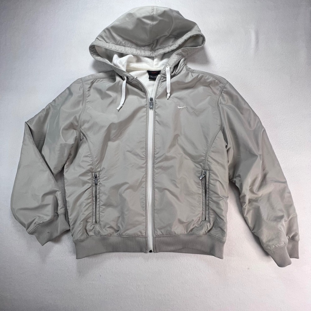 Nike Kids Vintage Full Zip Hooded Windbreaker Jacket Grey Fleece Lined L 12-14